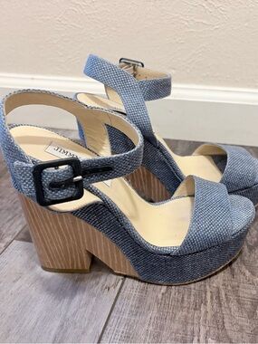Jimmy Choo Denim & Wood Platform Wedge Sandals with Ankle Strap